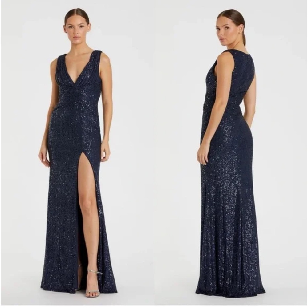 New Mac Duggal 26598 V-Neck Sequin Wrap Waist Gown NWT Navy Blue Size 14